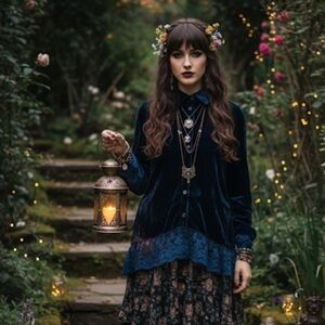 RARE Gypsy Junkies Velvet & Lace Whimsygoth Embroidered Boho Button Up Top S/M